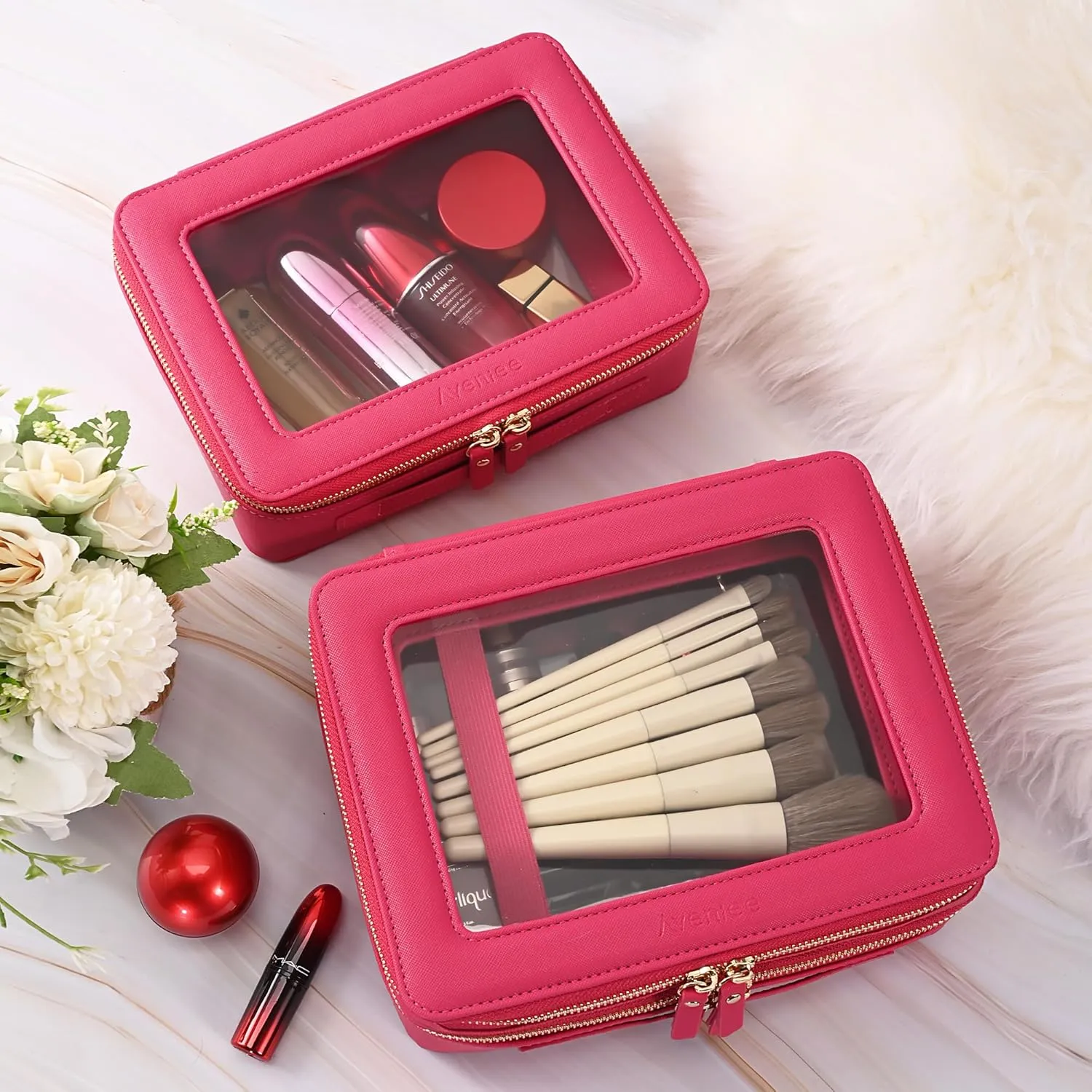 Aveniee Clear Makeup Bags, Double Layer Cosmetic Bags with a Separate Brush Compartment, Large Travel Toiletry Bag Train Case for Women, Travel Accessories Organizer(2 Layers Large, Hotpink)