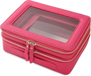 Aveniee Clear Makeup Bags, Double Layer Cosmetic Bags with a Separate Brush Compartment, Large Travel Toiletry Bag Train Case for Women, Travel Accessories Organizer(2 Layers Large, Hotpink)