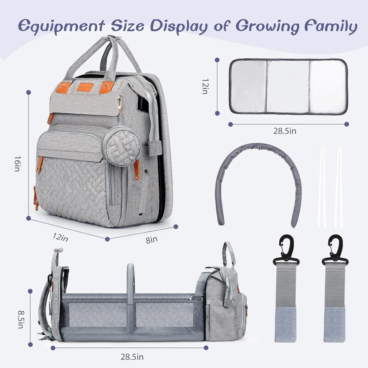 Baby Diaper Bag, Backpack with Changing Table, Unisex Baby Bag, with Diaper Pad, USB Charging Port, Insulated Pacifier Case, Multifunctional Waterproof Travel Diaper Bag, Gift for Newborn Baby (Grey)