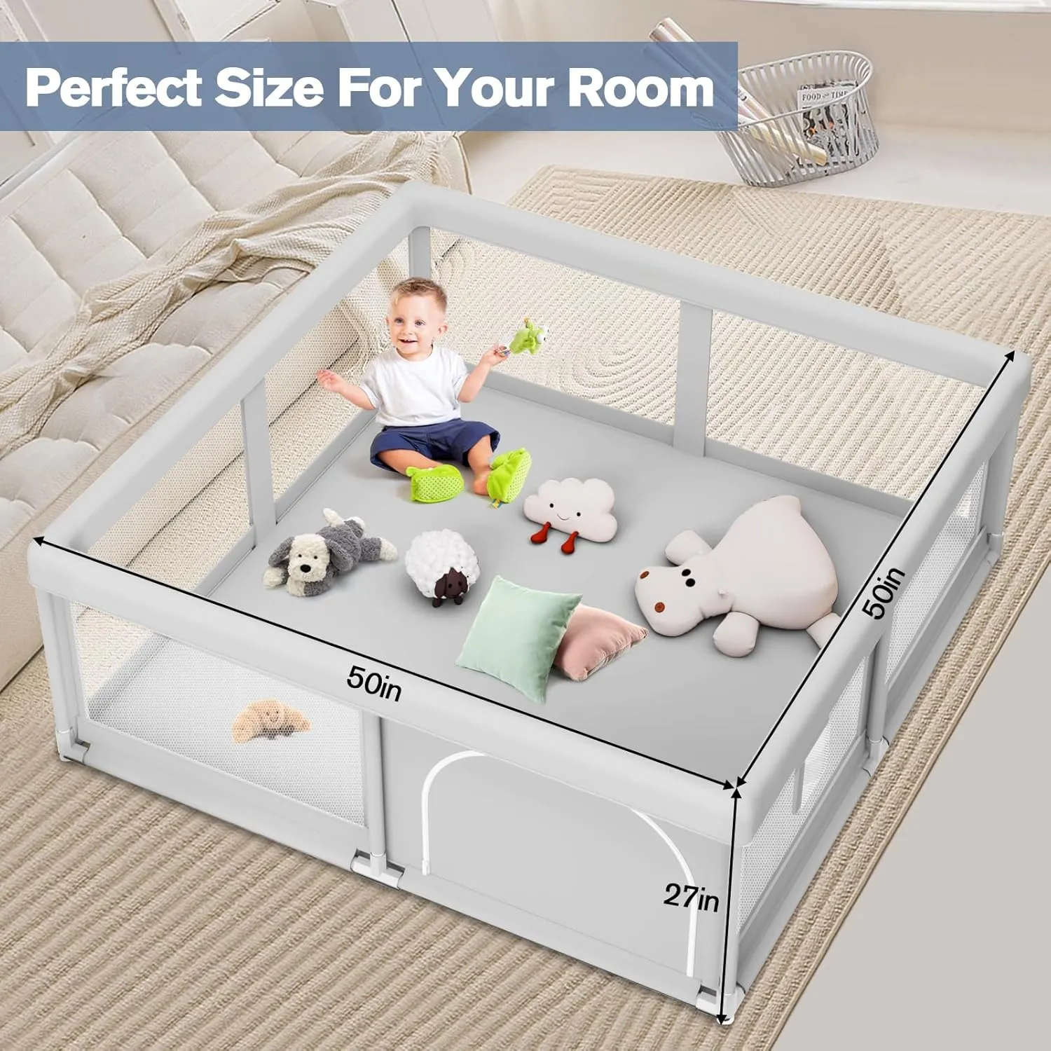 Baby Playpen for Babies and Toddlers 50 x 50 inch, Play Yards Indoor & Outdoor, Sturdy Safety Play Pen with Soft Breathable Mesh, Baby Fence