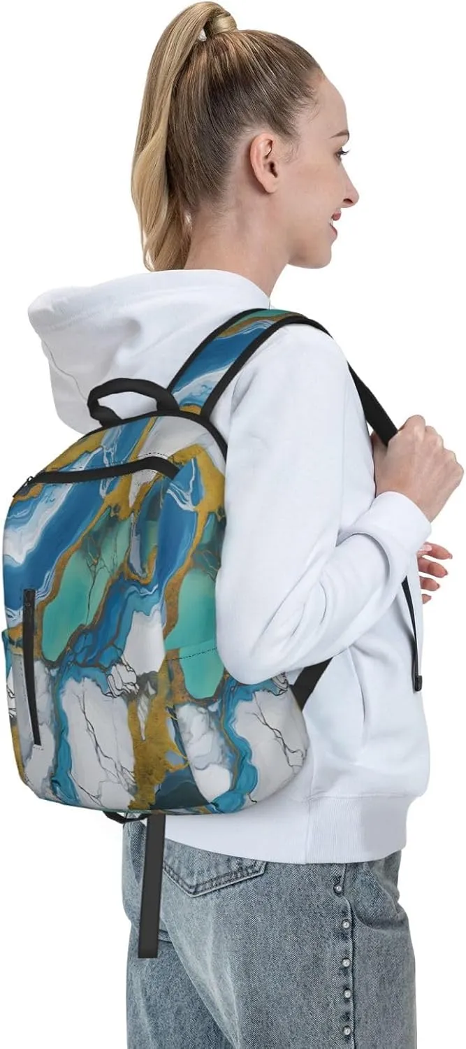 Backpack For Women Men Teal Blue Marbling Txture Bookbag Lightweight Travel Casual Daypack Water Resistant Outdoor Hiking Sport Rucksack