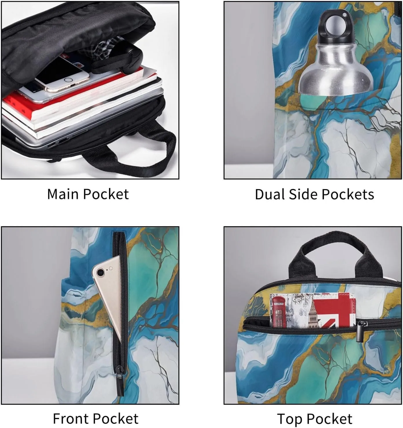 Backpack For Women Men Teal Blue Marbling Txture Bookbag Lightweight Travel Casual Daypack Water Resistant Outdoor Hiking Sport Rucksack