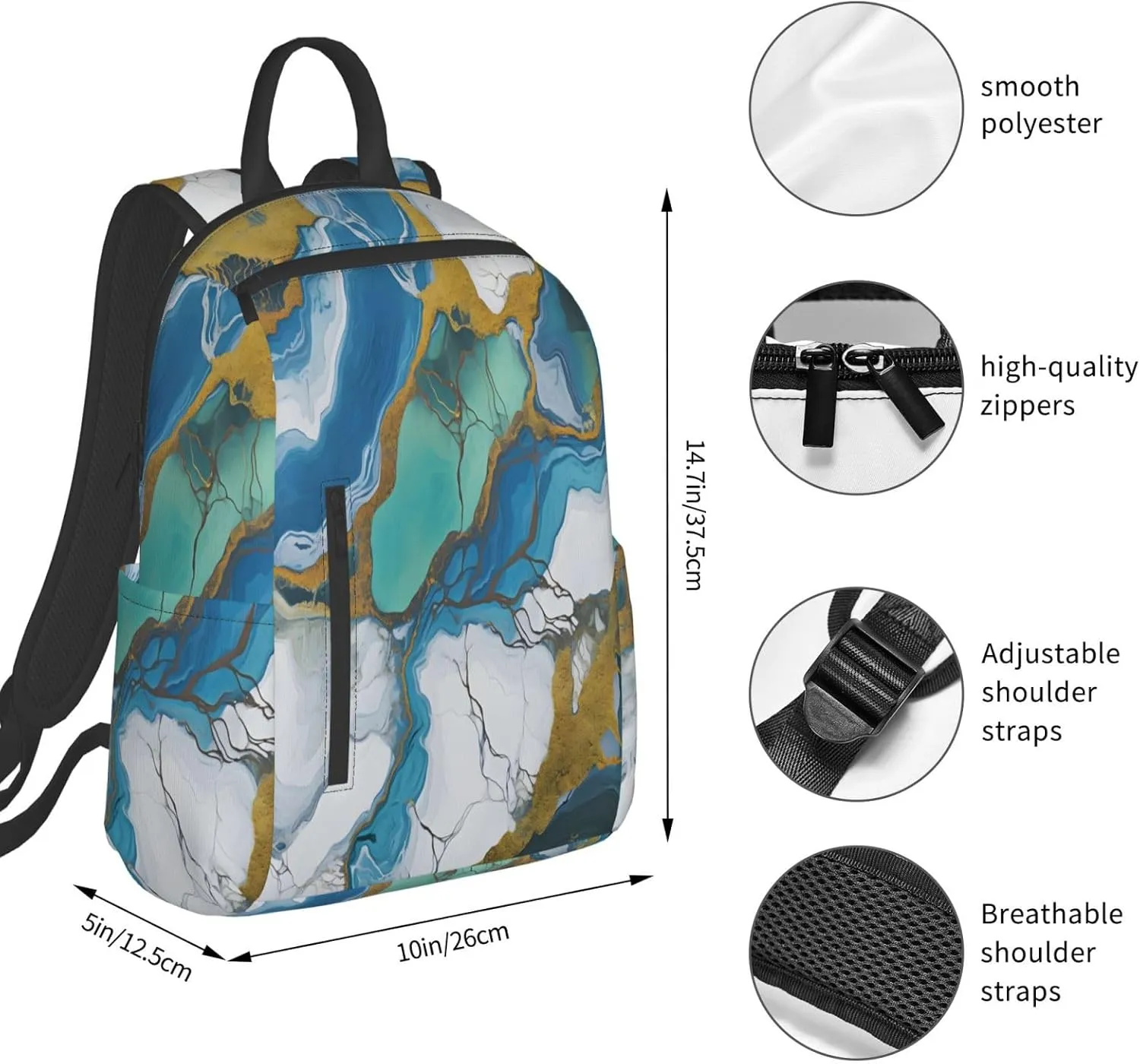 Backpack For Women Men Teal Blue Marbling Txture Bookbag Lightweight Travel Casual Daypack Water Resistant Outdoor Hiking Sport Rucksack