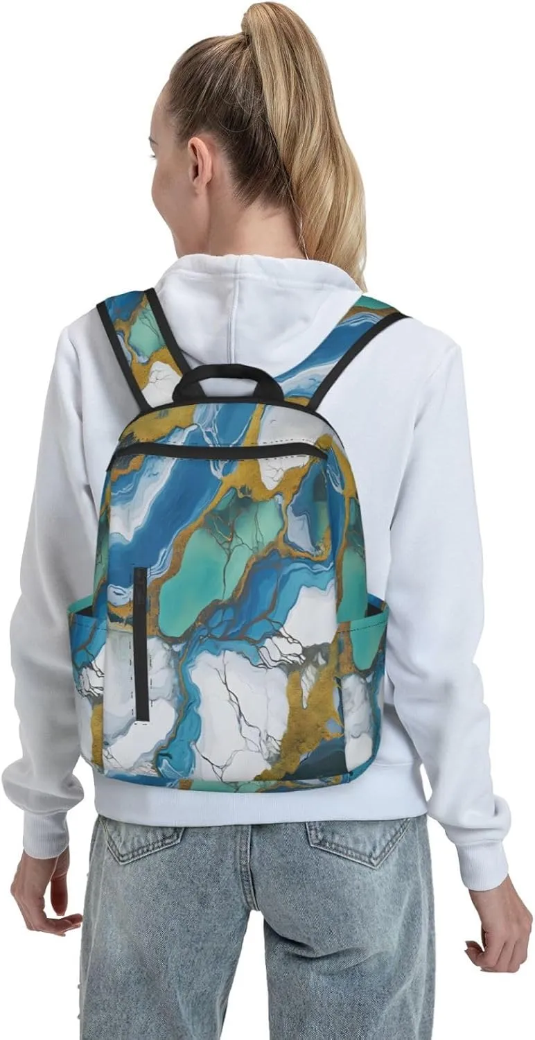 Backpack For Women Men Teal Blue Marbling Txture Bookbag Lightweight Travel Casual Daypack Water Resistant Outdoor Hiking Sport Rucksack