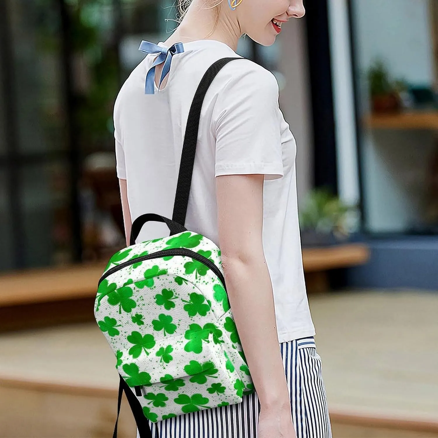 Backpack Purse for Women Rucksack for Ladies St Patricks Day Green Watercolor Shamrock Clover Grass White Shoulder Bag