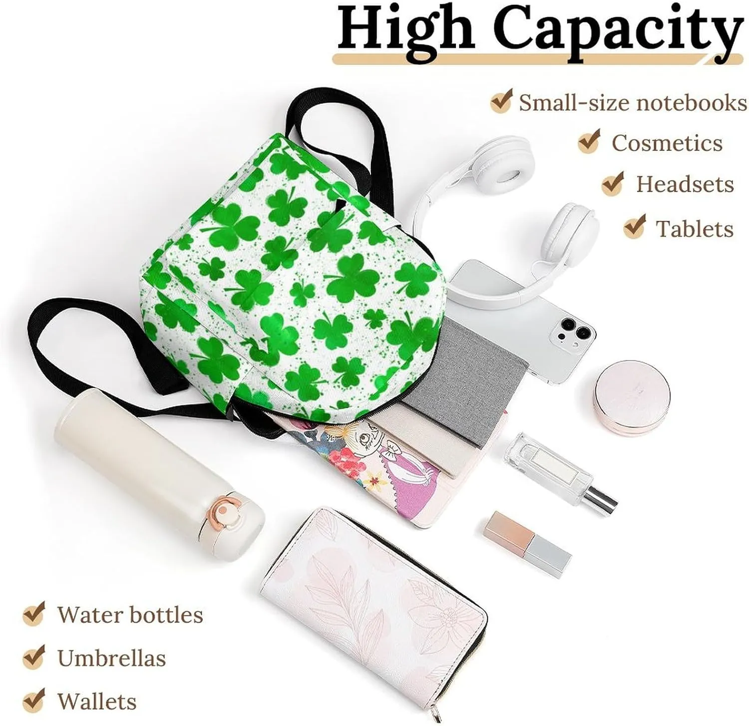 Backpack Purse for Women Rucksack for Ladies St Patricks Day Green Watercolor Shamrock Clover Grass White Shoulder Bag