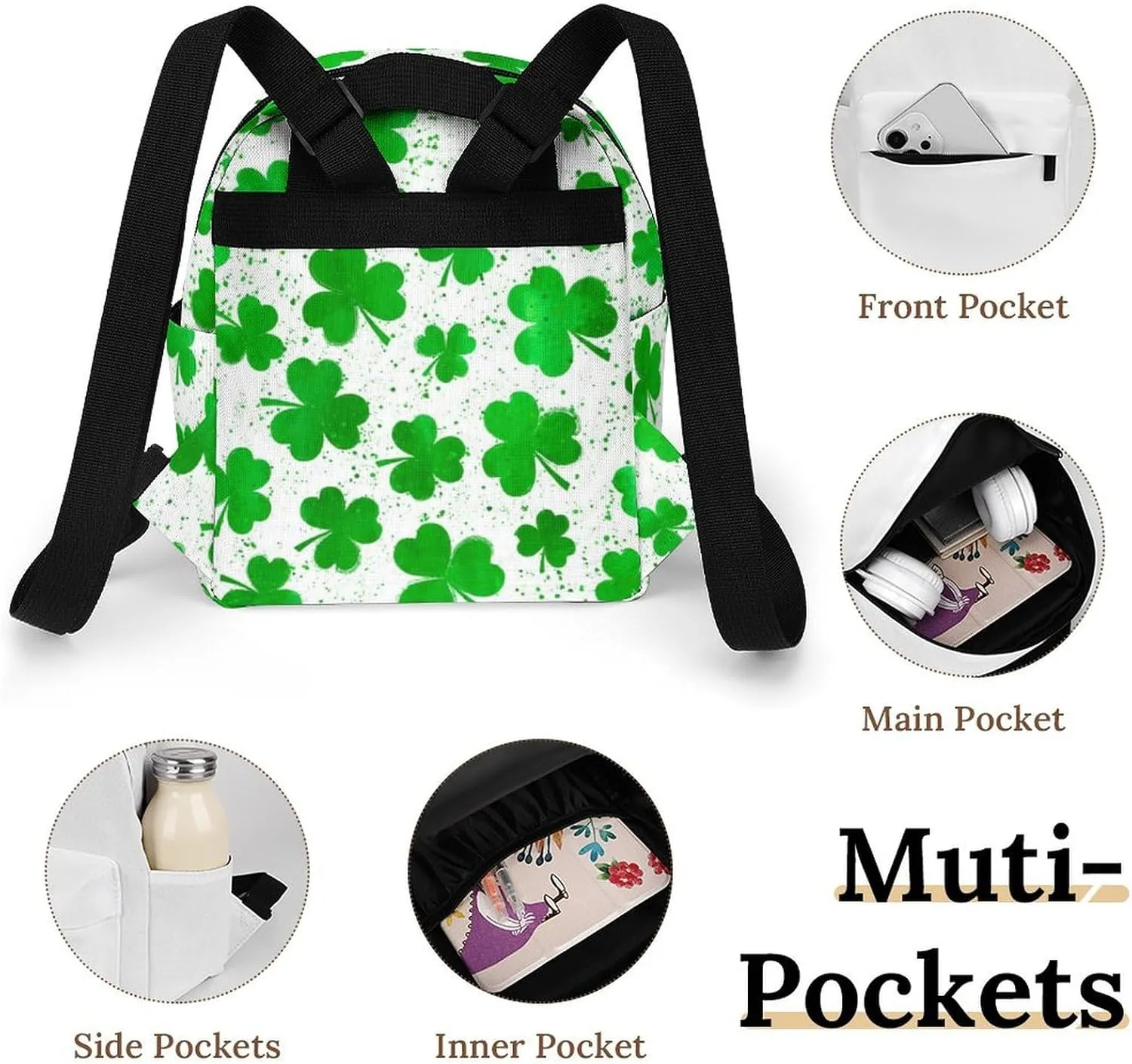 Backpack Purse for Women Rucksack for Ladies St Patricks Day Green Watercolor Shamrock Clover Grass White Shoulder Bag