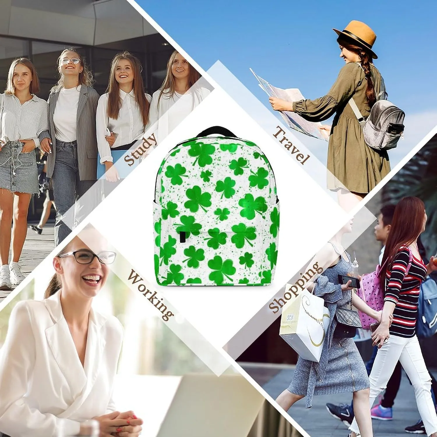 Backpack Purse for Women Rucksack for Ladies St Patricks Day Green Watercolor Shamrock Clover Grass White Shoulder Bag