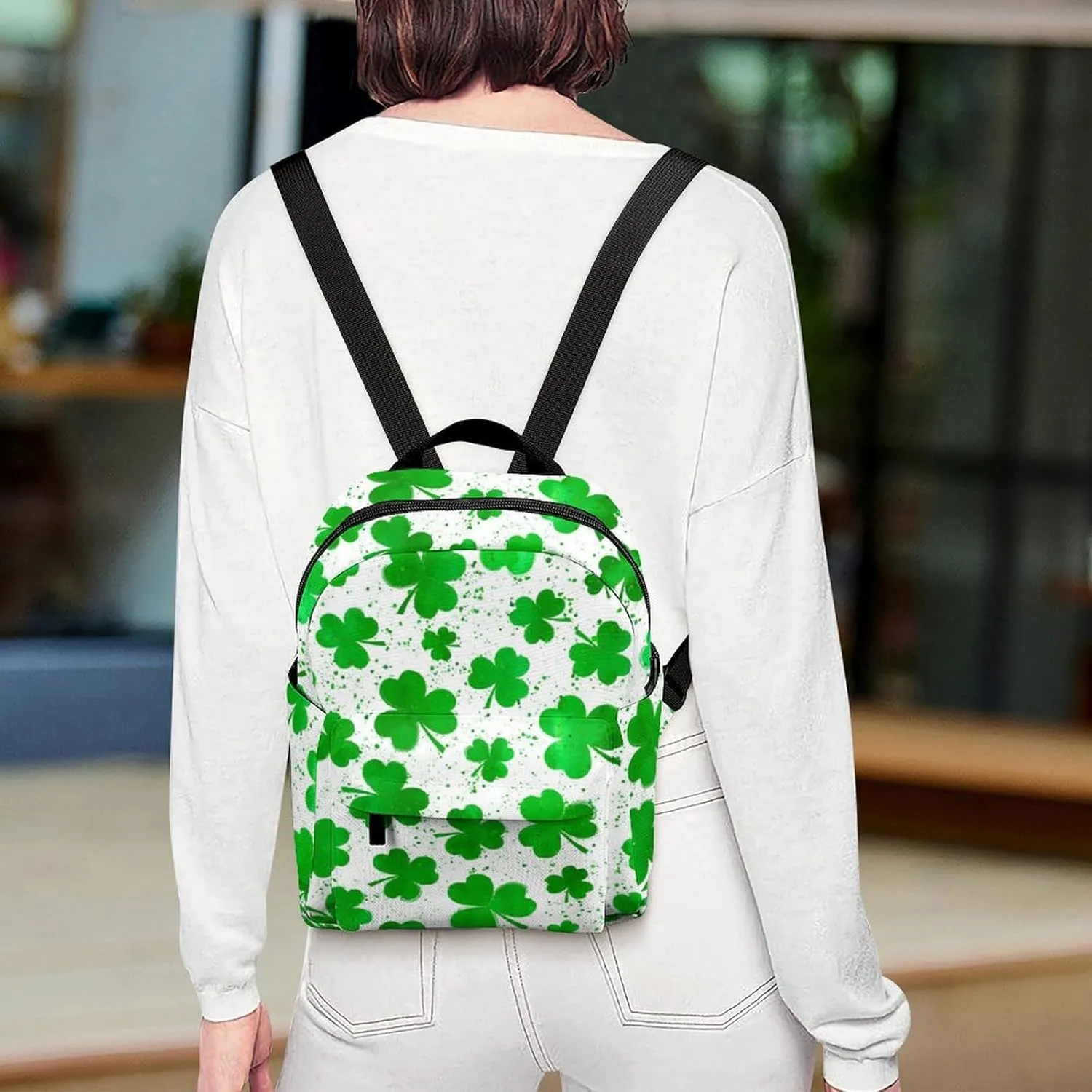 Backpack Purse for Women Rucksack for Ladies St Patricks Day Green Watercolor Shamrock Clover Grass White Shoulder Bag