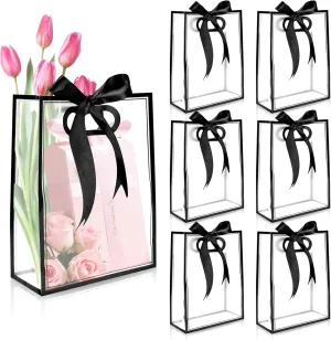 BadenBach 20 Pcs Clear Gift Bags with Handles,7.1"x10.2"x3.2", Reusable Plastic Clear Party Favor Bags with Ribbon Transparent Plastic Gift Wrap Bags for Bridal Wedding Birthday Mother's Day,Black