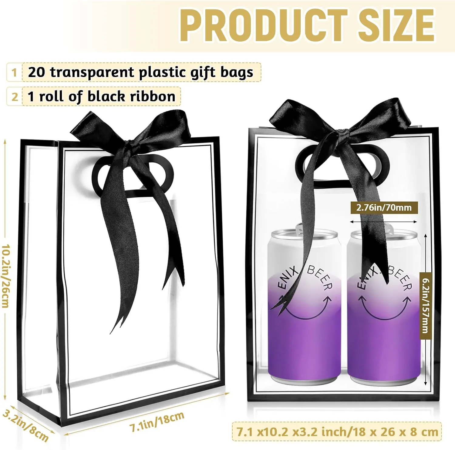 BadenBach 20 Pcs Clear Gift Bags with Handles,7.1"x10.2"x3.2", Reusable Plastic Clear Party Favor Bags with Ribbon Transparent Plastic Gift Wrap Bags for Bridal Wedding Birthday Mother's Day,Black