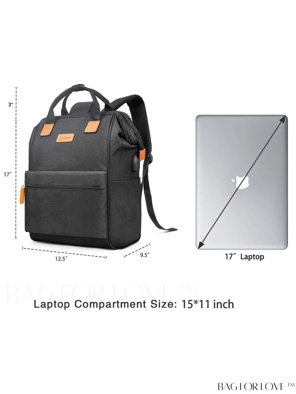 BagForLove - 17.3 Wide Open Laptop Backpack with USB Charging Port - Water Resistant, Multipurpose Business Travel Bag