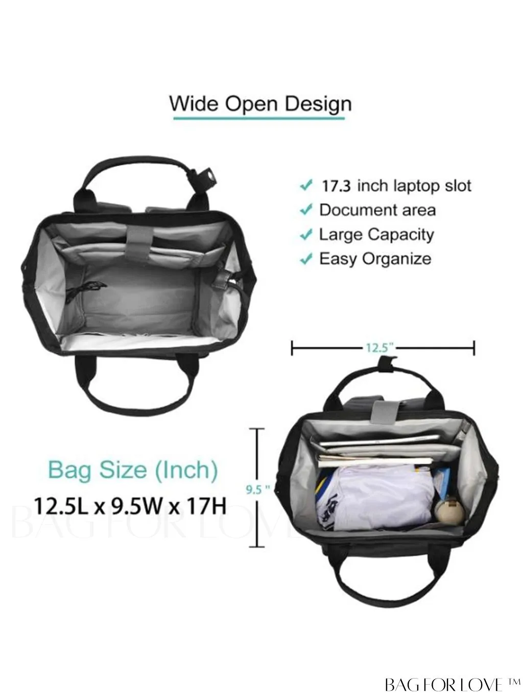 BagForLove - 17.3 Wide Open Laptop Backpack with USB Charging Port - Water Resistant, Multipurpose Business Travel Bag