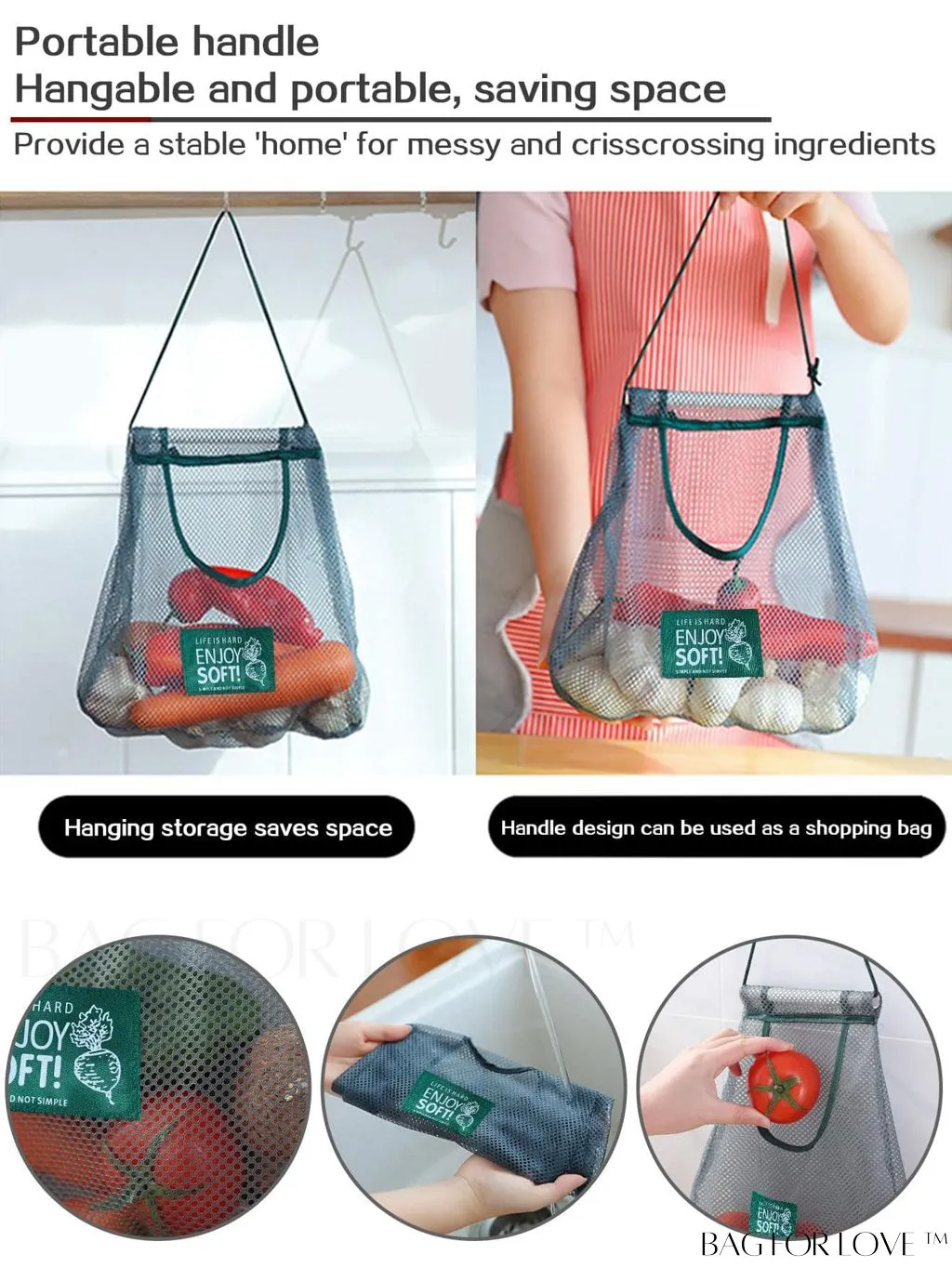 BagForLove - Mesh Hanging Fruit & Vegetable Storage Bag - Portable, Versatile & Essential for Home, Travel & Dorm