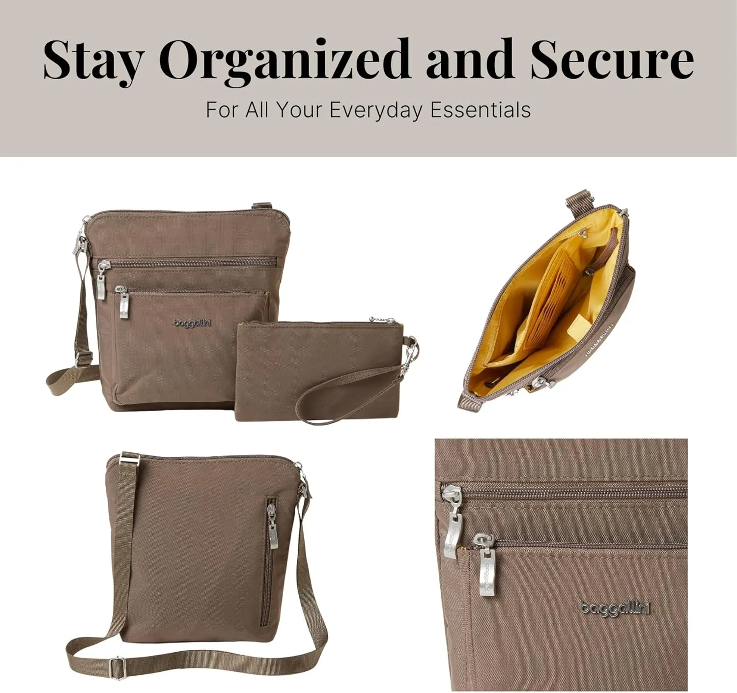 Baggallini Pocket Crossbody Bags for Women 8x8 Small Lightweight Durable Nylon Water-resistant Travel Purse W/Rfid Wristlet