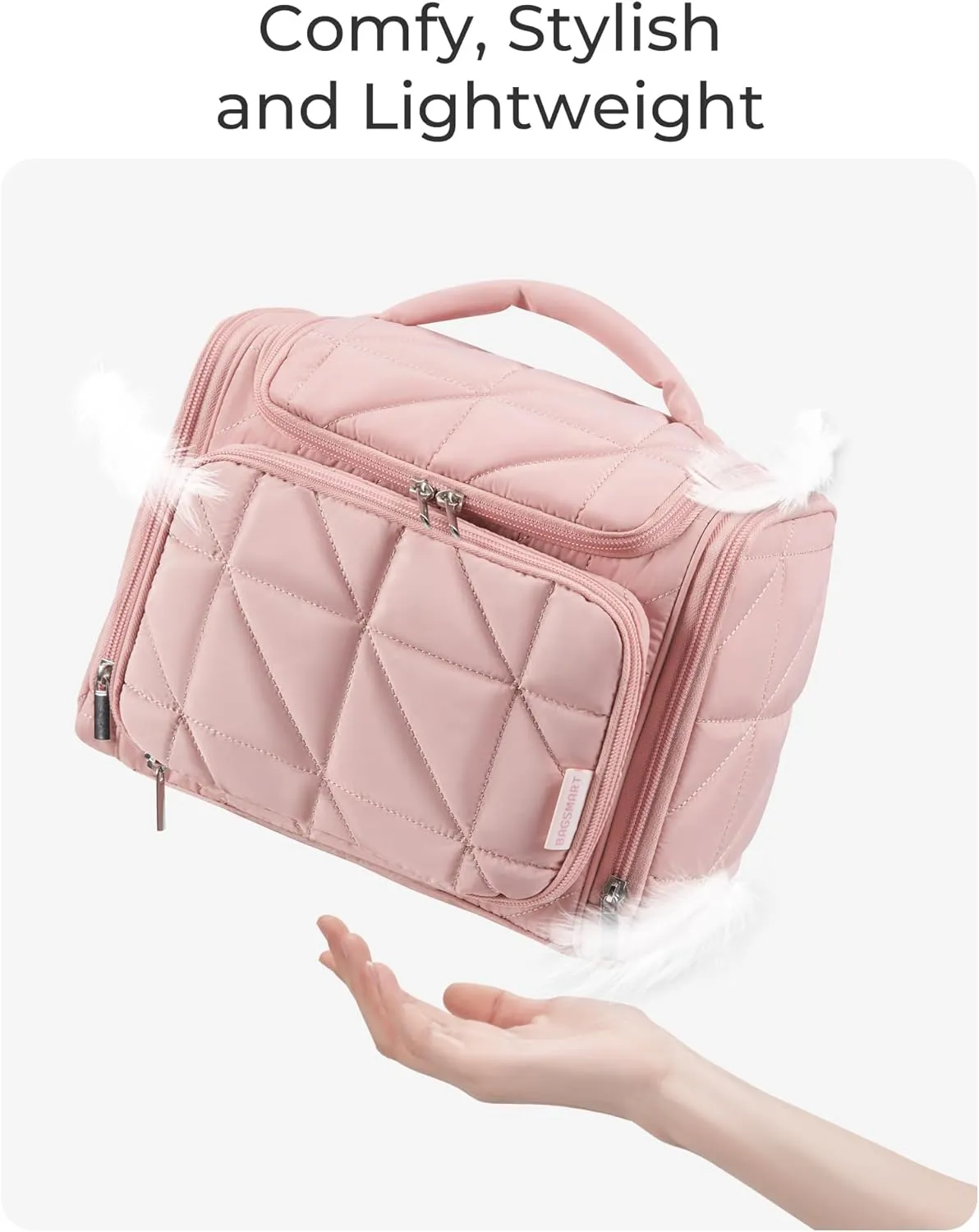 BAGSMART Toiletry Bag Travel Bag with Hanging Hook, Water-resistant Lightweight Puffy Makeup Bag Large Wide-open Travel Bag for Women Travel Organizer for Accessories, Cosmetics, Toiletries, Beige