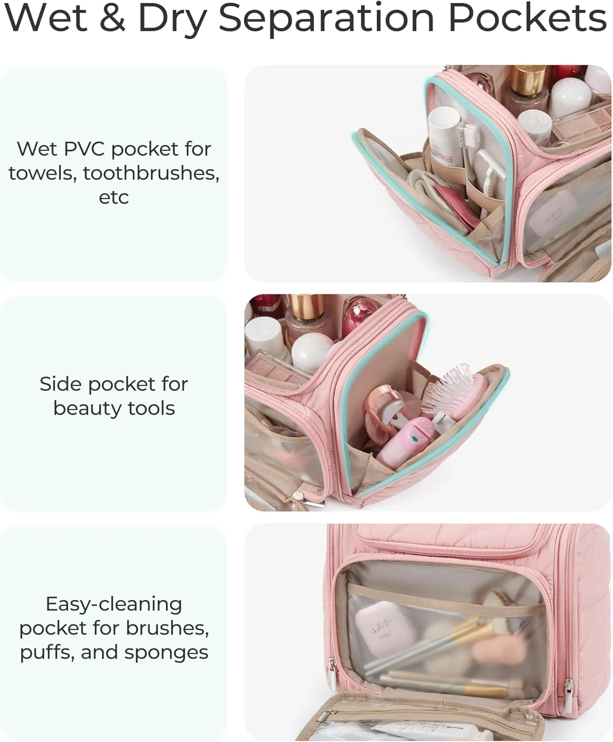 BAGSMART Toiletry Bag Travel Bag with Hanging Hook, Water-resistant Lightweight Puffy Makeup Bag Large Wide-open Travel Bag for Women Travel Organizer for Accessories, Cosmetics, Toiletries, Beige