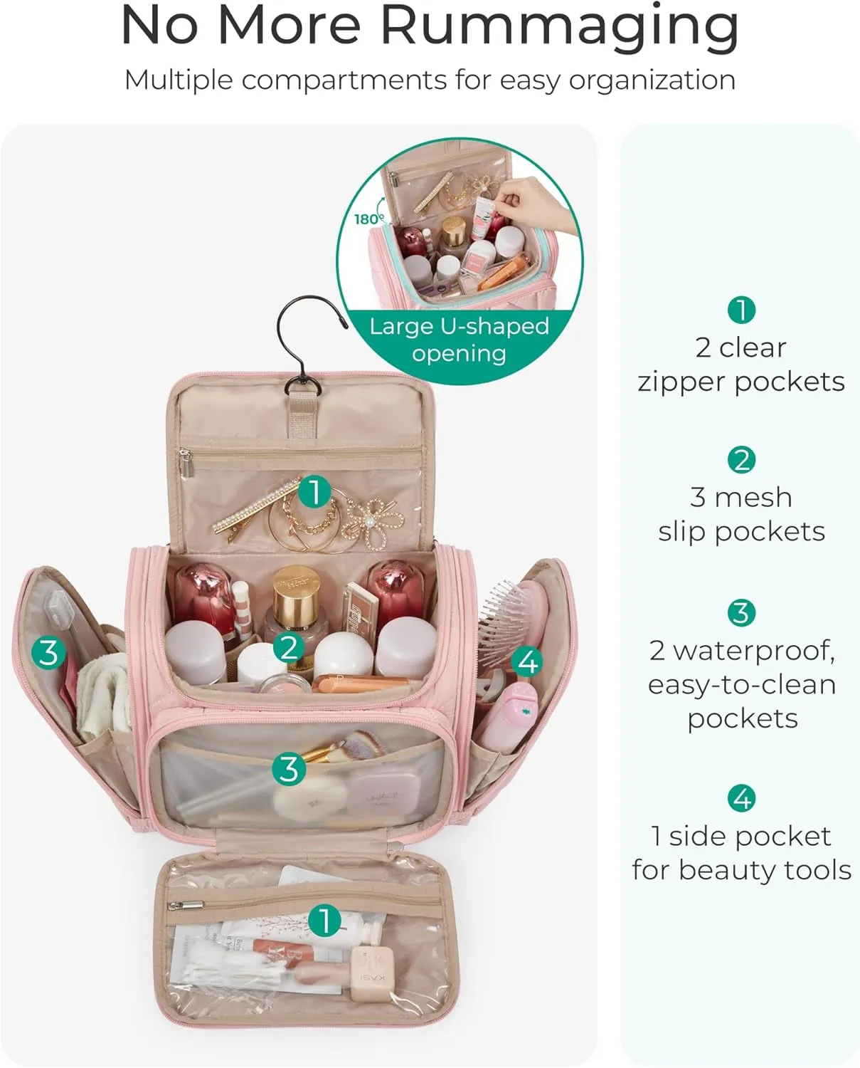BAGSMART Toiletry Bag Travel Bag with Hanging Hook, Water-resistant Lightweight Puffy Makeup Bag Large Wide-open Travel Bag for Women Travel Organizer for Accessories, Cosmetics, Toiletries, Beige