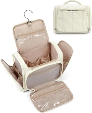 BAGSMART Toiletry Bag Travel Bag with Hanging Hook, Water-resistant Lightweight Puffy Makeup Bag Large Wide-open Travel Bag for Women Travel Organizer for Accessories, Cosmetics, Toiletries, Beige