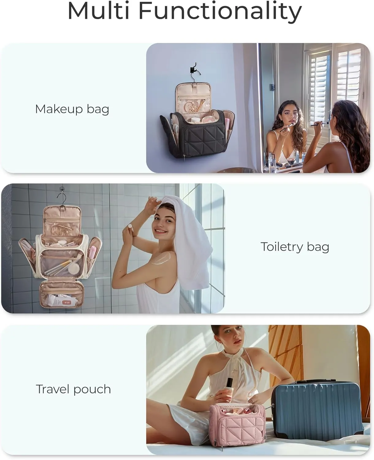 BAGSMART Toiletry Bag Travel Bag with Hanging Hook, Water-resistant Lightweight Puffy Makeup Bag Large Wide-open Travel Bag for Women Travel Organizer for Accessories, Cosmetics, Toiletries, Beige