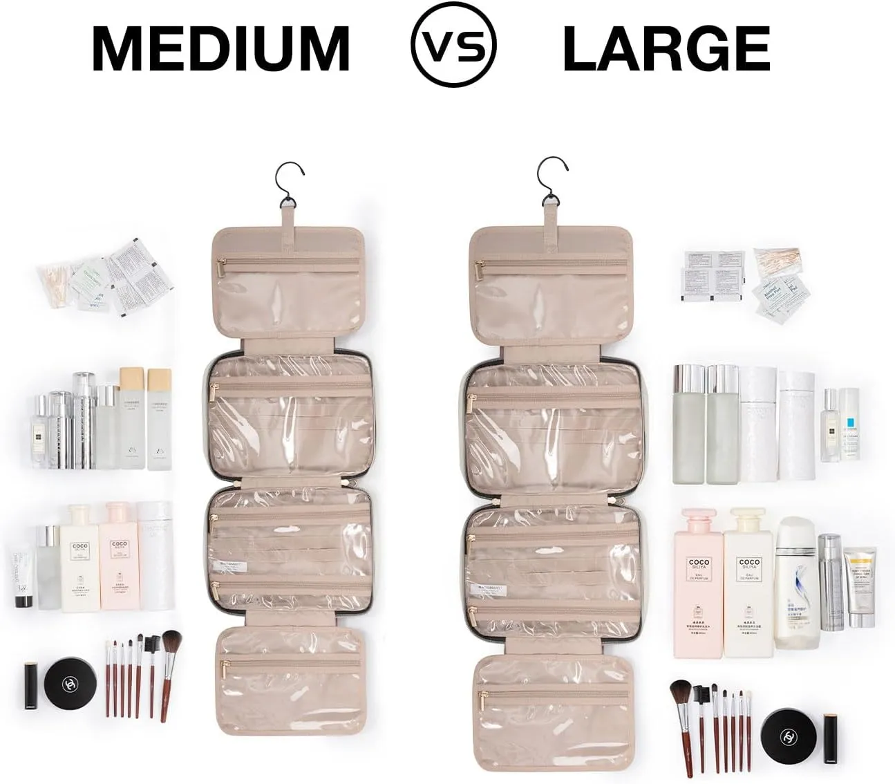 BAGSMART Toiletry Bag Travel Bag with Hanging Hook, Water-resistant Makeup Cosmetic Bag Travel Organizer for Accessories, Shampoo, Full-size Container, Toiletries (Camel, Medium)