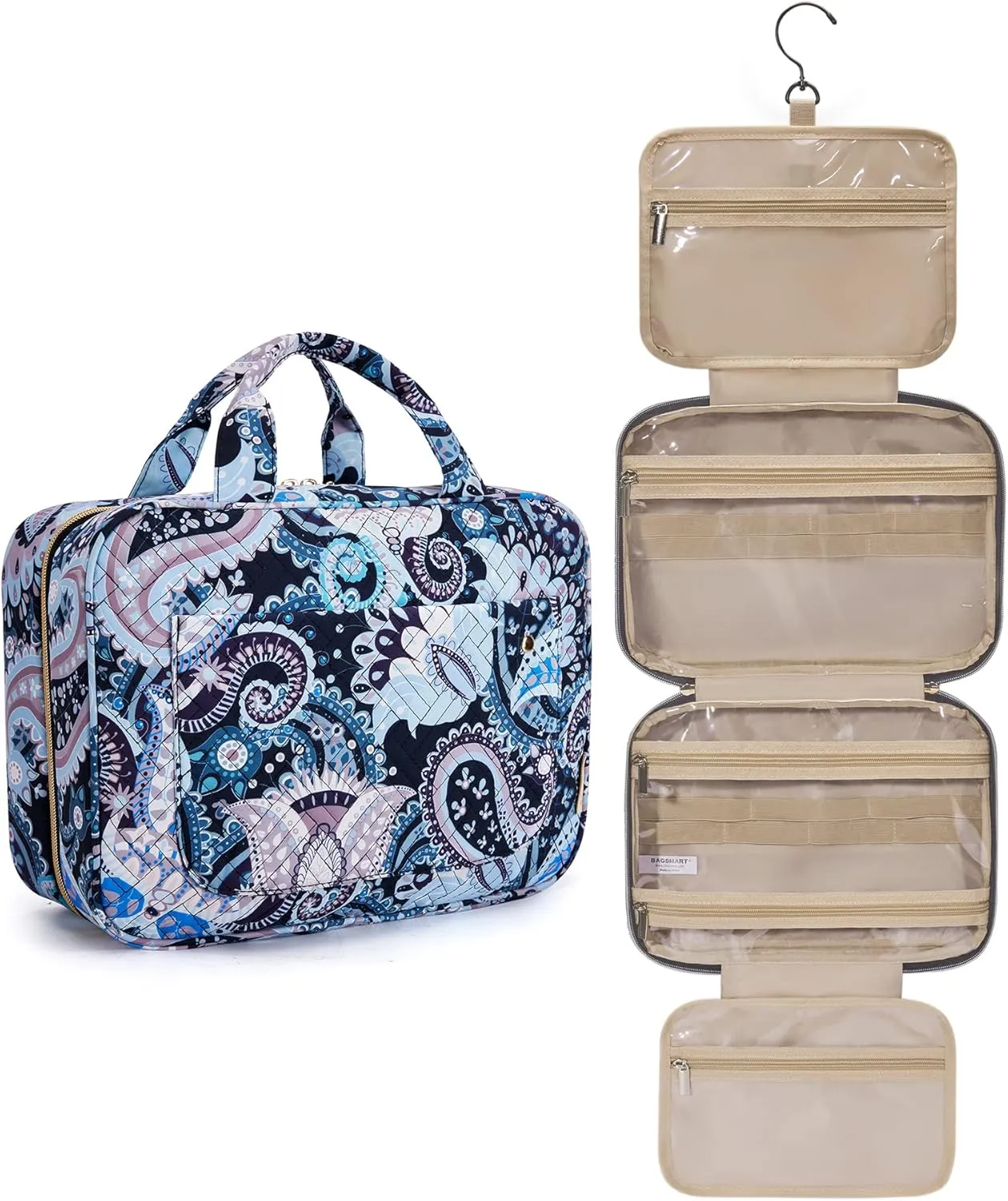 BAGSMART Toiletry Bag Travel Bag with Hanging Hook, Water-resistant Makeup Cosmetic Bag Travel Organizer for Accessories, Shampoo, Full Sized Container, Toiletries (Blue Paisley, Large)