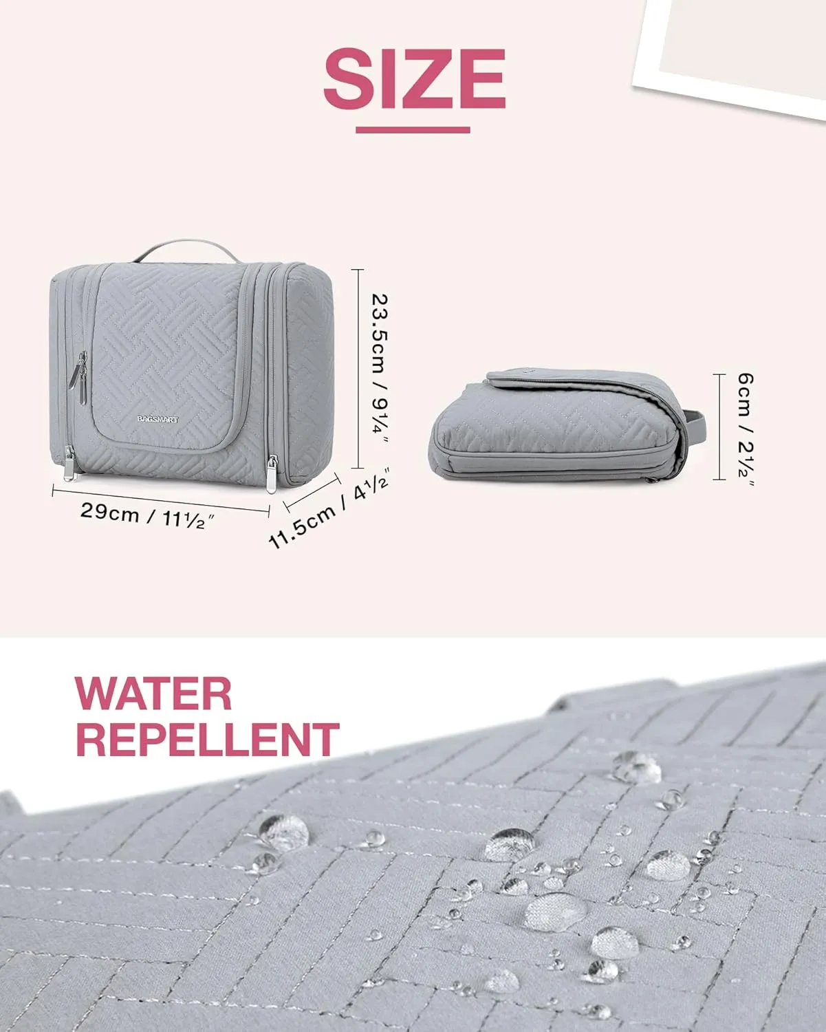 BAGSMART Travel Toiletry Bag for Women, Hanging Toiletry Bag with Hook, Travel Cosmetic Makeup Bag Travel Organizer for Accessories, Shampoo, Full Sized Container, Toiletries,Grey-Medium