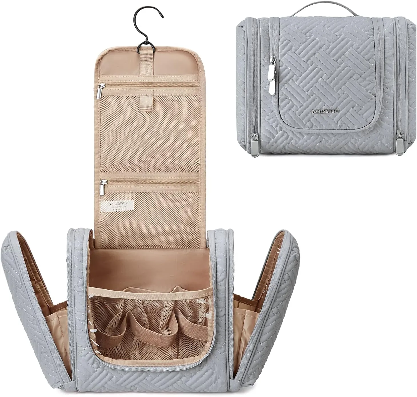 BAGSMART Travel Toiletry Bag for Women, Hanging Toiletry Bag with Hook, Travel Cosmetic Makeup Bag Travel Organizer for Accessories, Shampoo, Full Sized Container, Toiletries,Grey-Medium