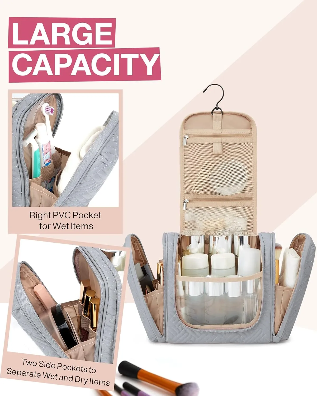 BAGSMART Travel Toiletry Bag for Women, Hanging Toiletry Bag with Hook, Travel Cosmetic Makeup Bag Travel Organizer for Accessories, Shampoo, Full Sized Container, Toiletries,Grey-Medium