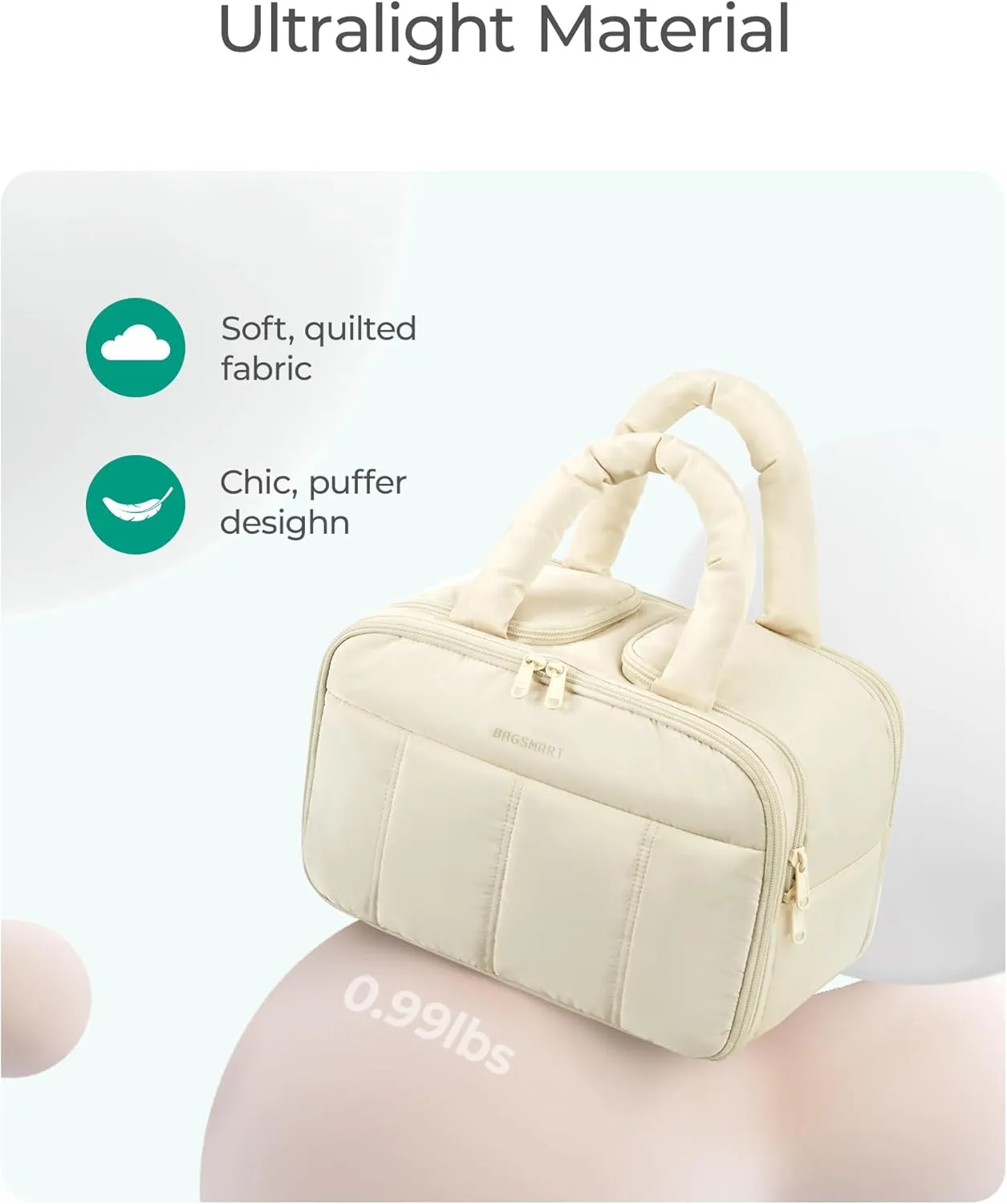 BAGSMART Travel Toiletry Bag, Puffy Large Toiletry Bag for Women, Lightweight Cosmetic Makeup Bag Organizer with Handle for Traveling, Accessories, Essentials, Toiletries （Beige