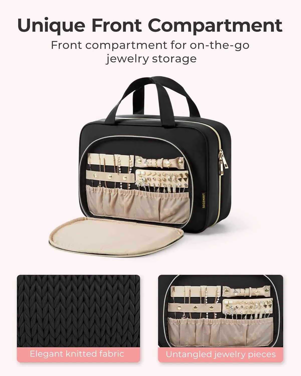 BAGSMART Travel Toiletry Bag with Jewelry Organizer, Hanging Travel Bag for Toiletries, Makeup Cosmetic Bag Organizer, Carry-on Travel Accessories Essentials, Black-M