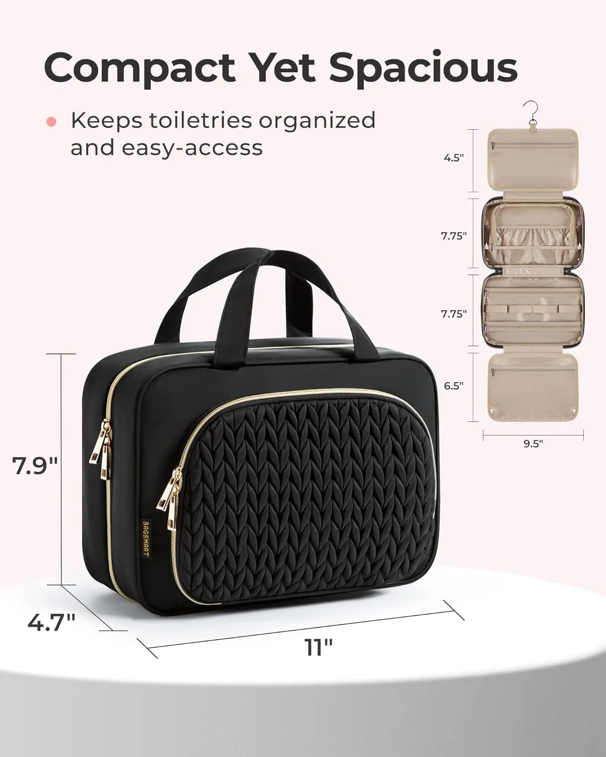 BAGSMART Travel Toiletry Bag with Jewelry Organizer, Hanging Travel Bag for Toiletries, Makeup Cosmetic Bag Organizer, Carry-on Travel Accessories Essentials, Black-M