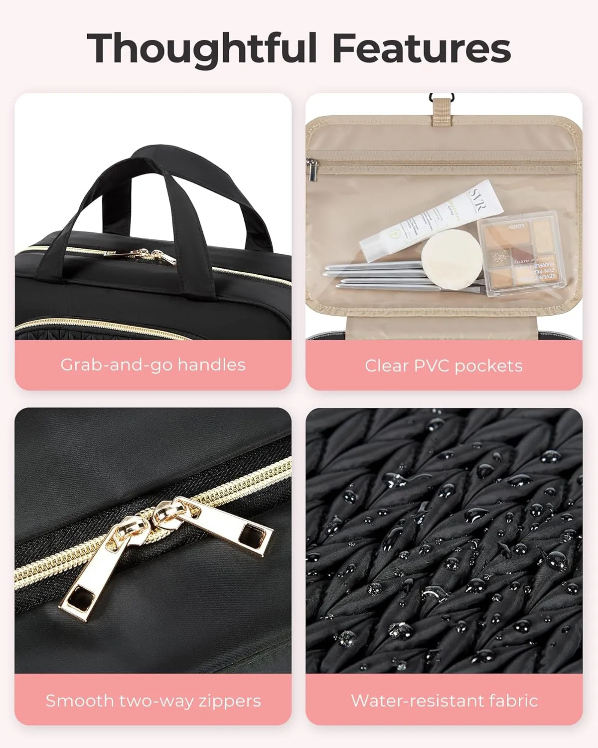 BAGSMART Travel Toiletry Bag with Jewelry Organizer, Hanging Travel Bag for Toiletries, Makeup Cosmetic Bag Organizer, Carry-on Travel Accessories Essentials, Black-M