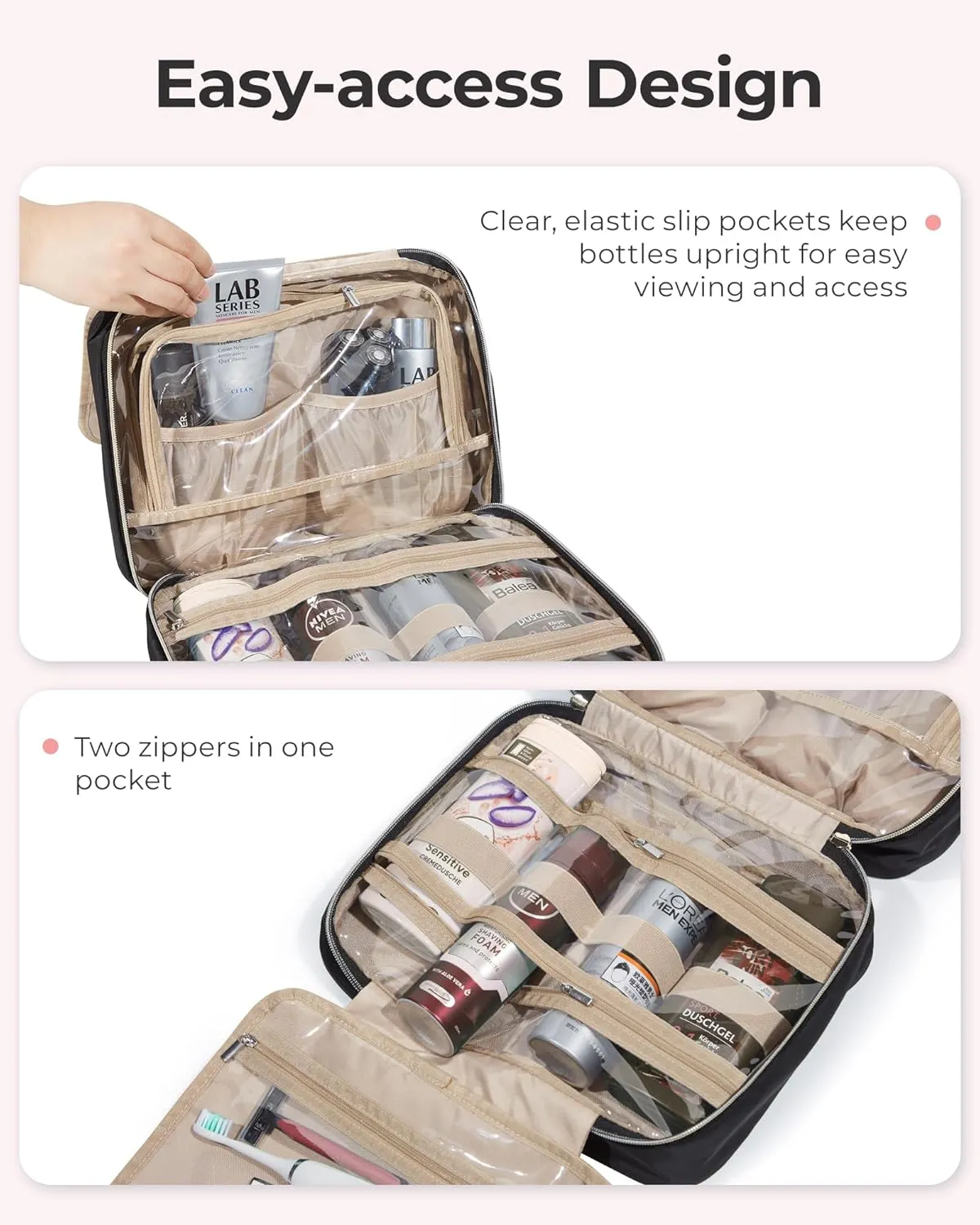 BAGSMART Travel Toiletry Bag with Jewelry Organizer, Hanging Travel Bag for Toiletries, Makeup Cosmetic Bag Organizer, Carry-on Travel Accessories Essentials, Black-M
