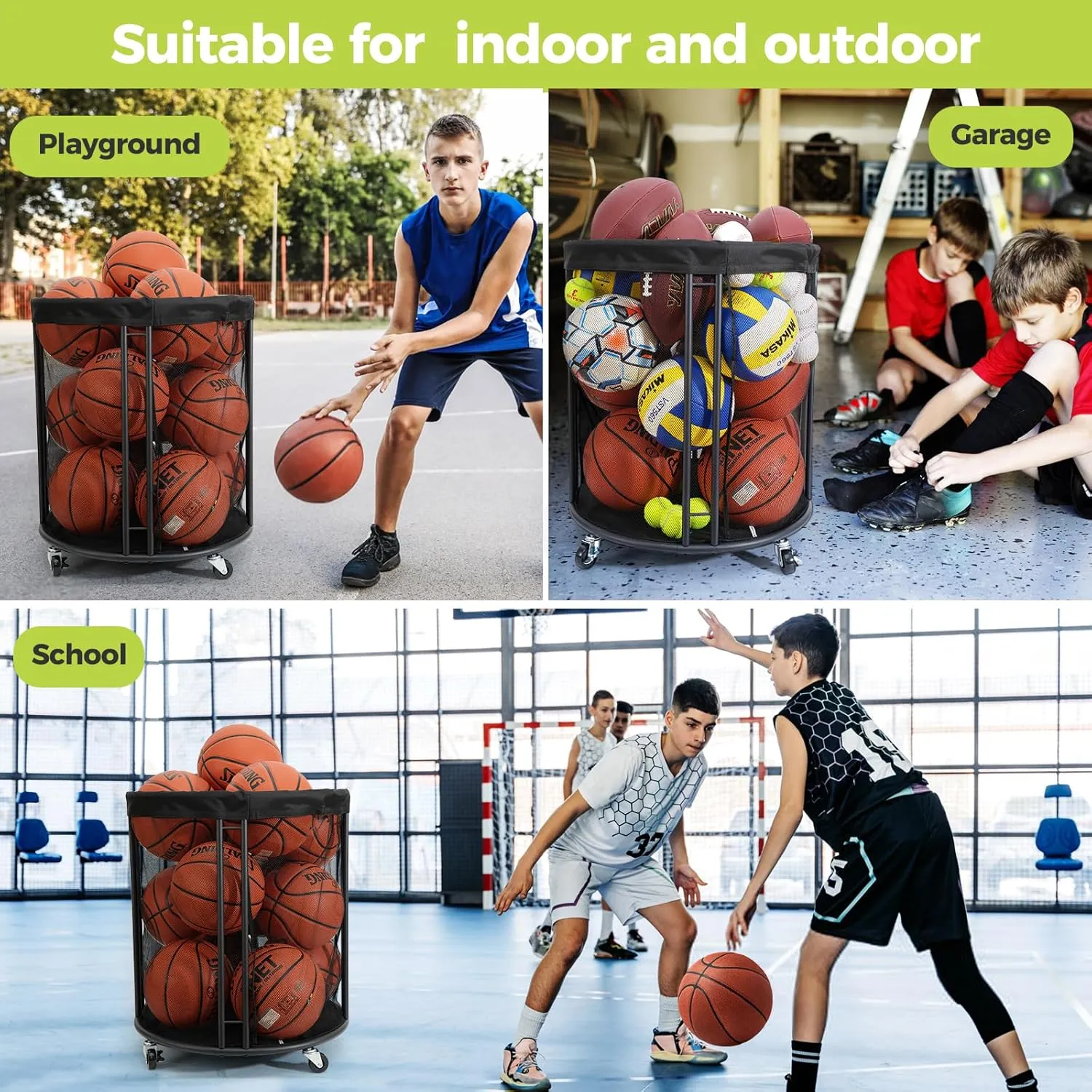 Ball Storage Bin, Sports Ball Storage Cart, Ball Holder with Wheels for Basketball, Soccer, Garage, School, Indoor, Outdoor Ball Basketball Storage Rack Upgraged