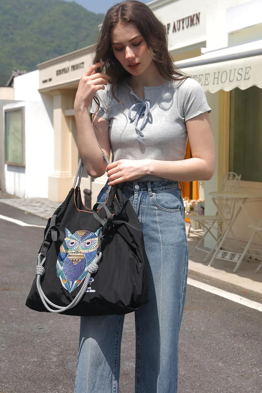 Ball&Chain Nylon Travel Tote Bag for Women，Lightweight Medium Reusable Grocery Shopping Cloth Bags，Suitable for Daily Life