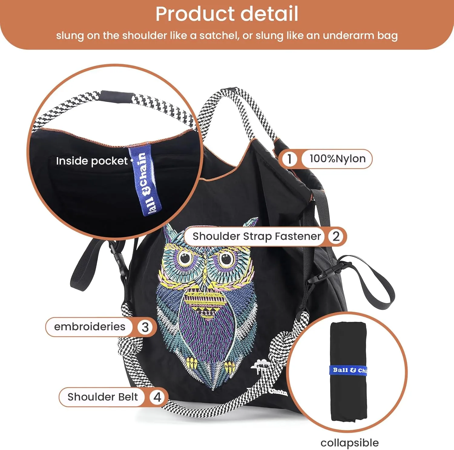Ball&Chain Nylon Travel Tote Bag for Women，Lightweight Medium Reusable Grocery Shopping Cloth Bags，Suitable for Daily Life
