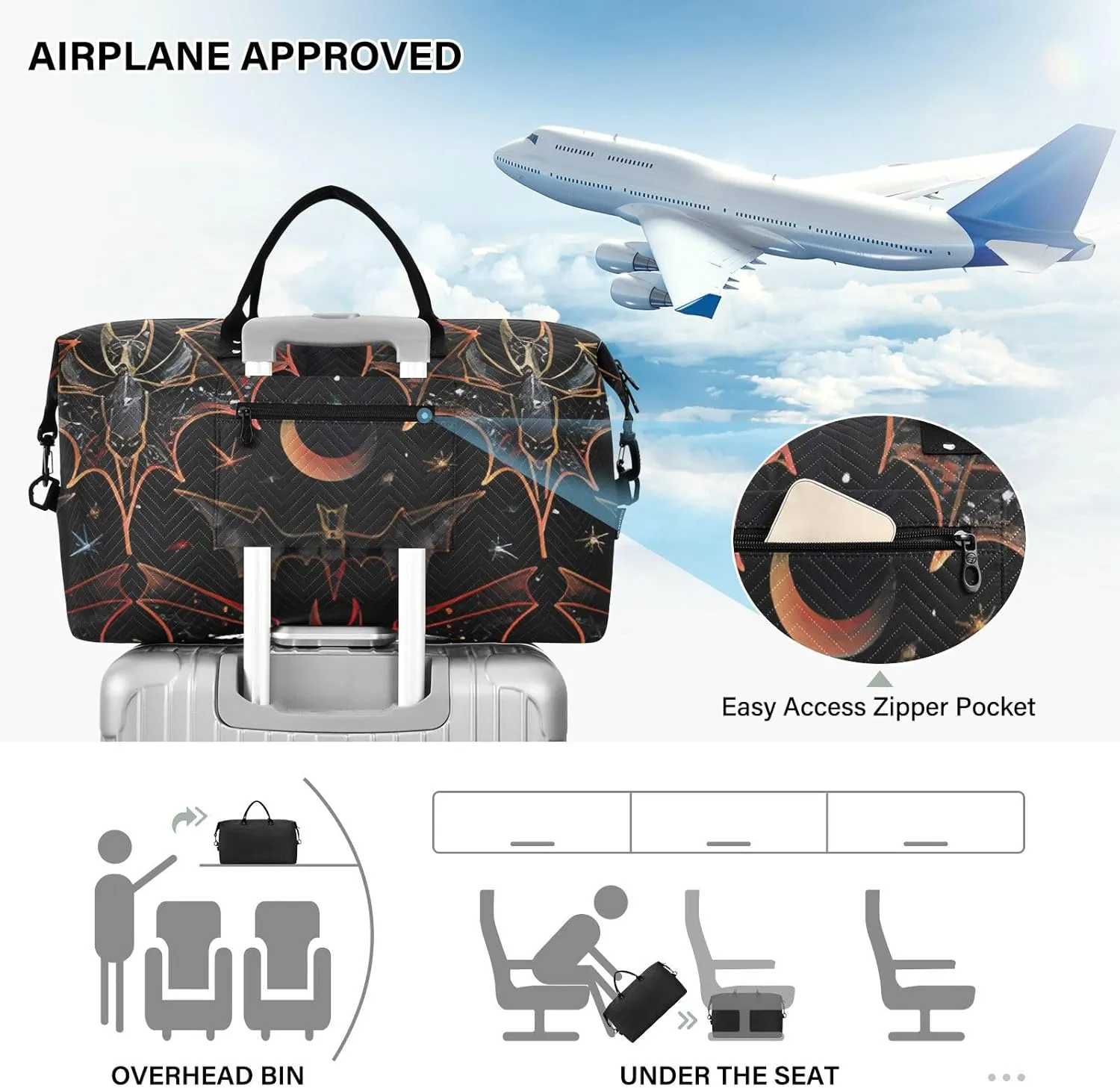 Bat Travel Duffle Bag Gym Bag, Goth Bat Star Weekender Bags for Women with Toiletry Bag Travel Tote Bag Swim Bag