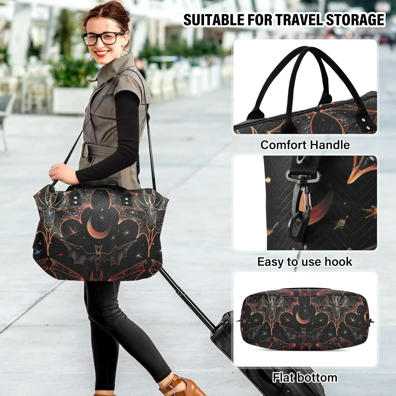 Bat Travel Duffle Bag Gym Bag, Goth Bat Star Weekender Bags for Women with Toiletry Bag Travel Tote Bag Swim Bag