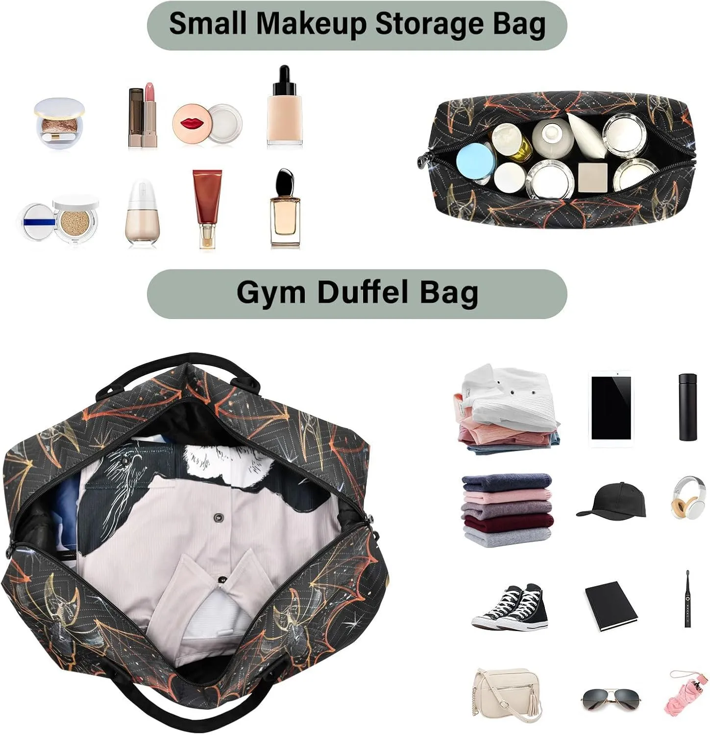 Bat Travel Duffle Bag Gym Bag, Goth Bat Star Weekender Bags for Women with Toiletry Bag Travel Tote Bag Swim Bag