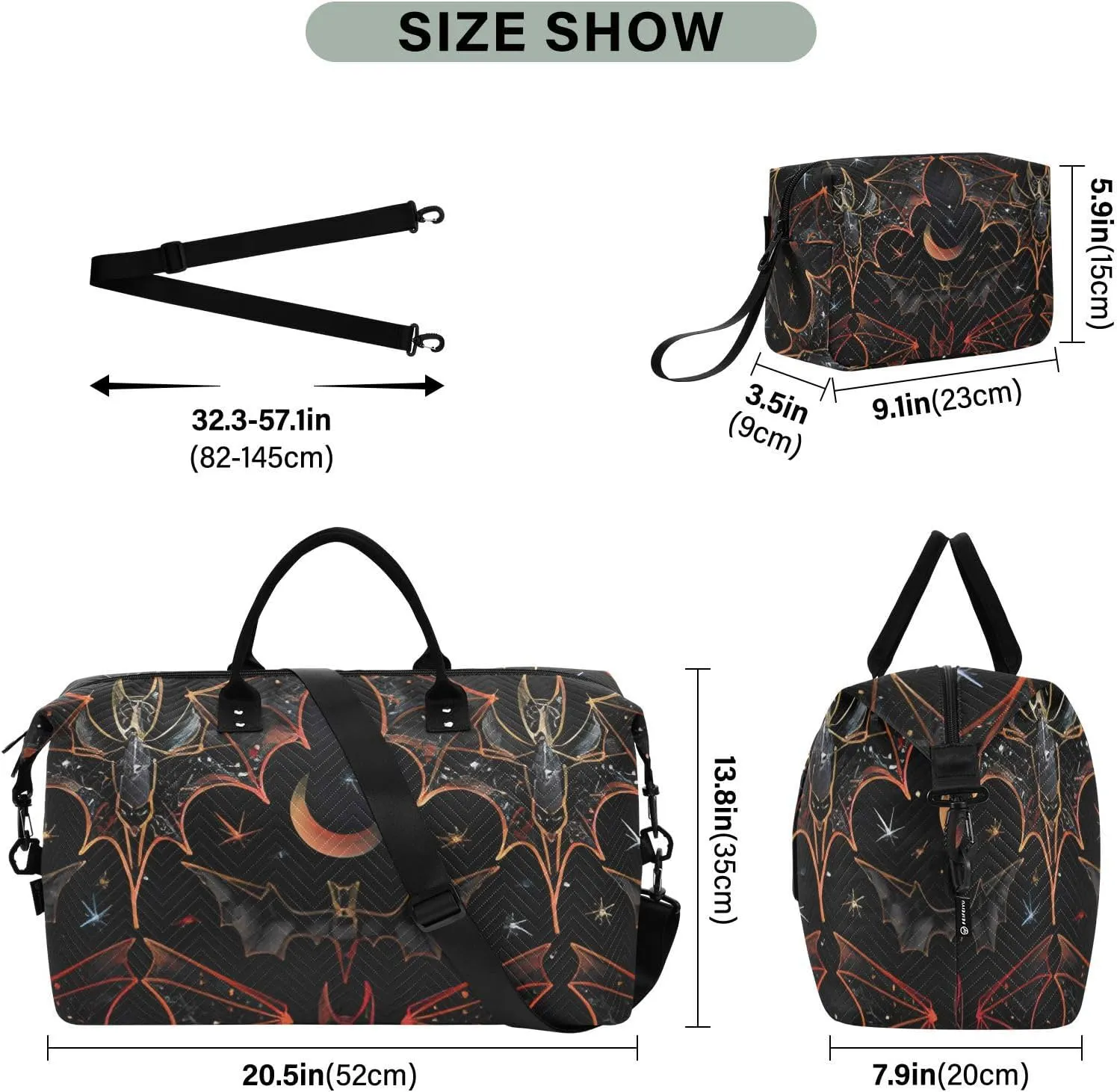 Bat Travel Duffle Bag Gym Bag, Goth Bat Star Weekender Bags for Women with Toiletry Bag Travel Tote Bag Swim Bag
