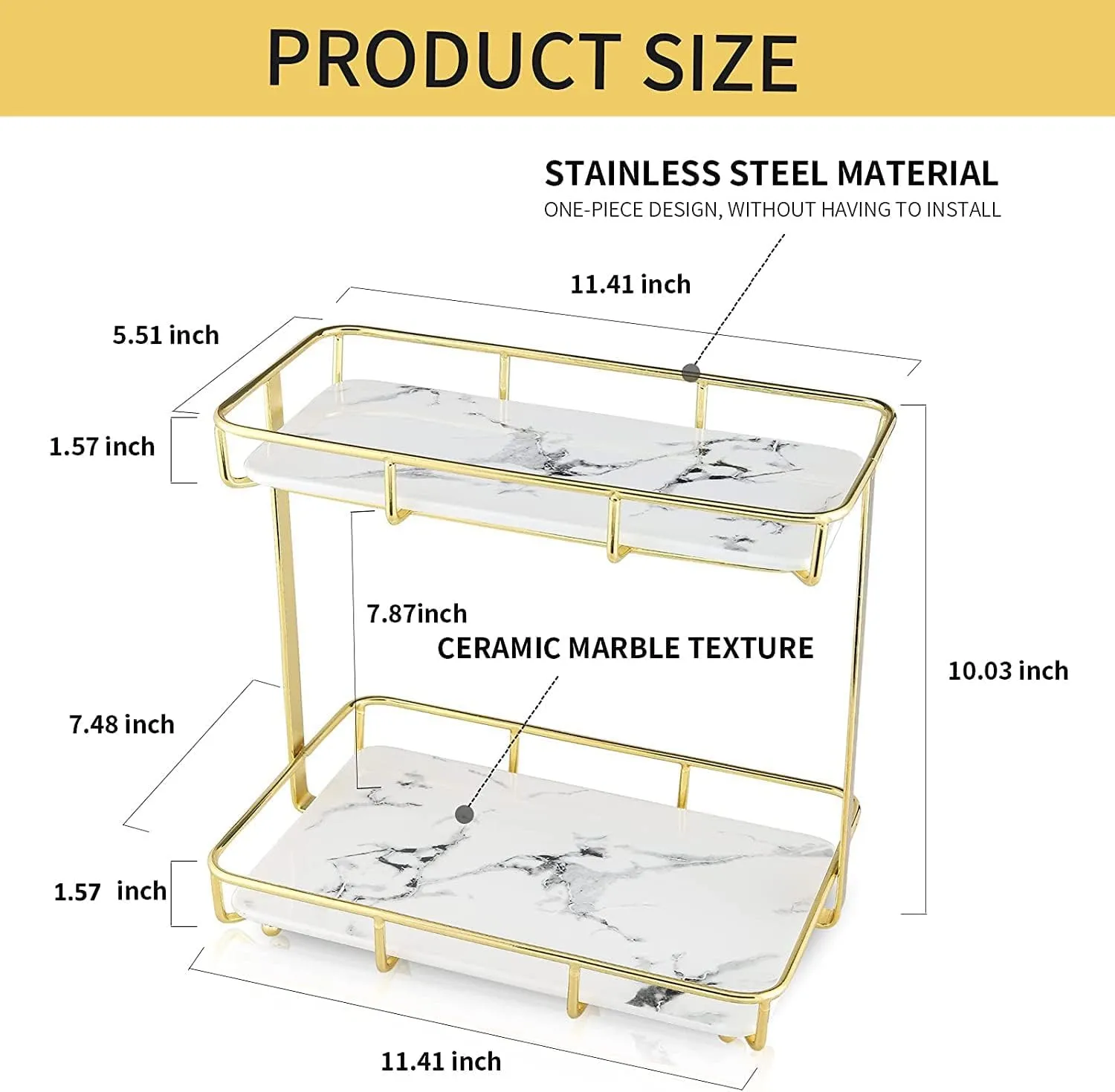 Bathroom Organizer Countertop Perfume Organizer Makeup Organizer Cosmetics Storage Display Rack Vanity Tray Dresser Stainless Steel Gold Shelf White Marble Ceramic Tray