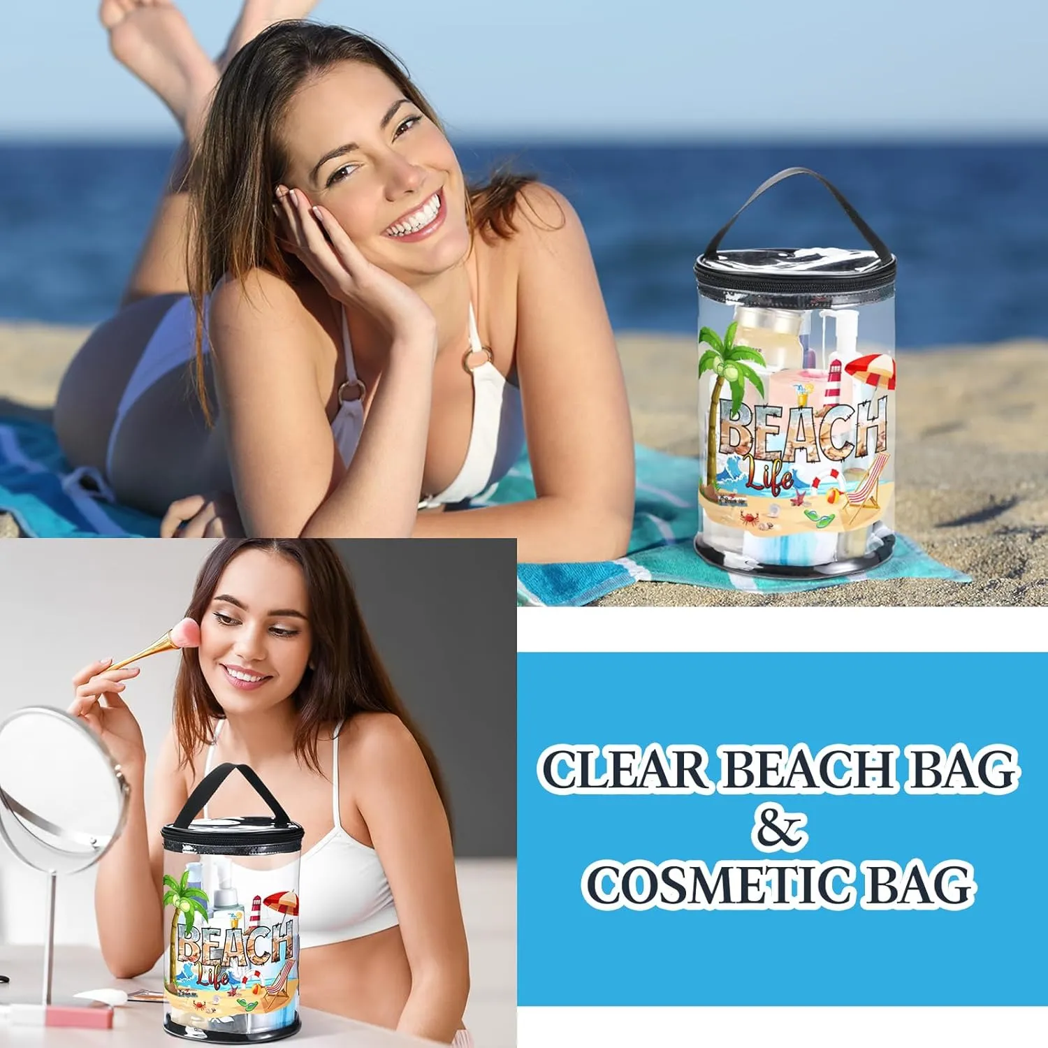 Beach Gifts Heavy Duty Clear Lotion Toiletry Bags for Travel Makeup Bag Cylinder Waterproof Portable Trip Bag Sunscreen Cosmetic Pouch with Handle Zipper(Beach Life)