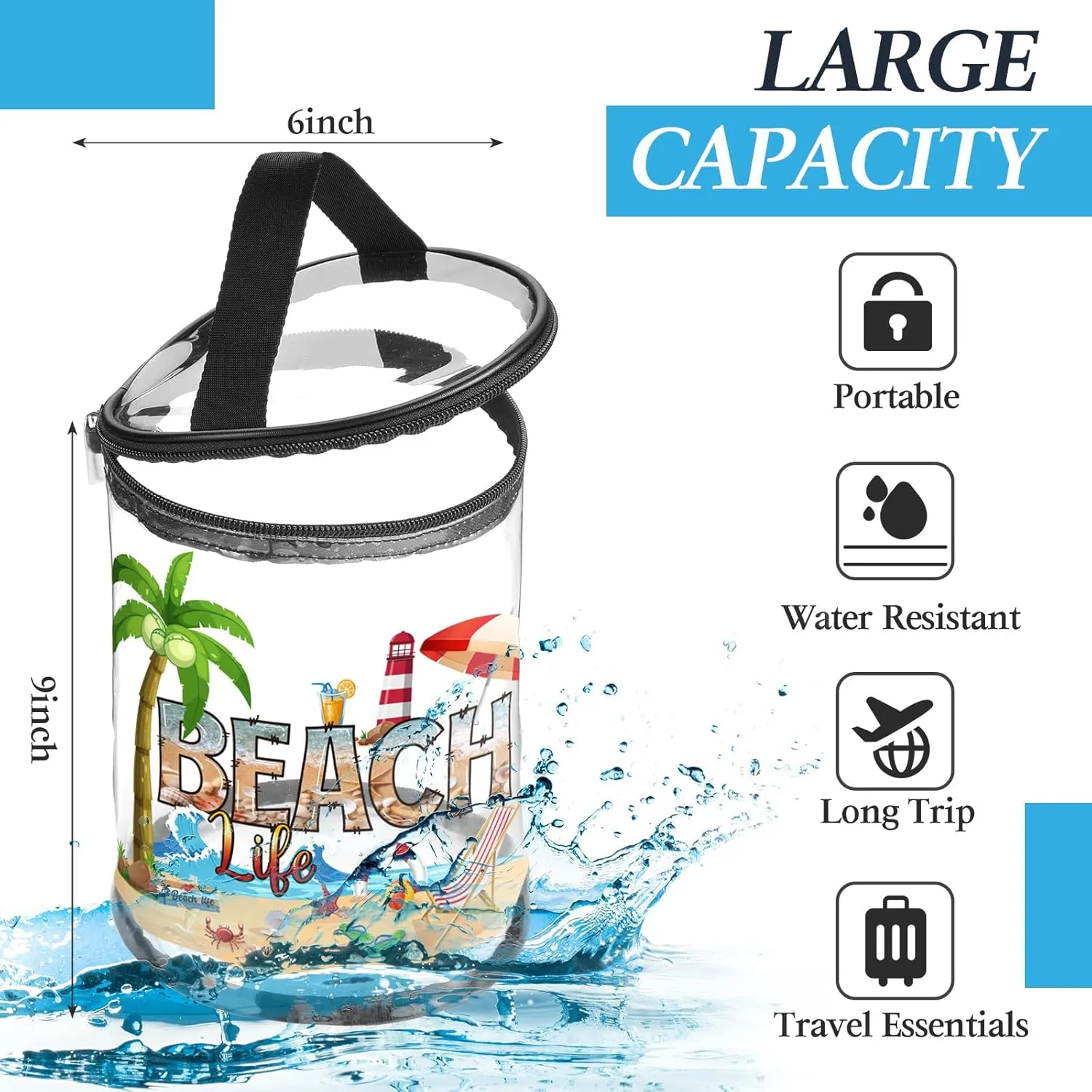 Beach Gifts Heavy Duty Clear Lotion Toiletry Bags for Travel Makeup Bag Cylinder Waterproof Portable Trip Bag Sunscreen Cosmetic Pouch with Handle Zipper(Beach Life)