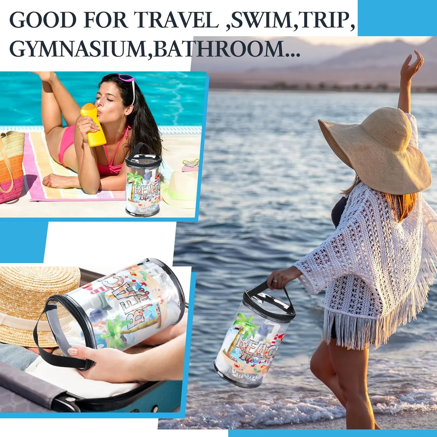 Beach Gifts Heavy Duty Clear Lotion Toiletry Bags for Travel Makeup Bag Cylinder Waterproof Portable Trip Bag Sunscreen Cosmetic Pouch with Handle Zipper(Beach Life)
