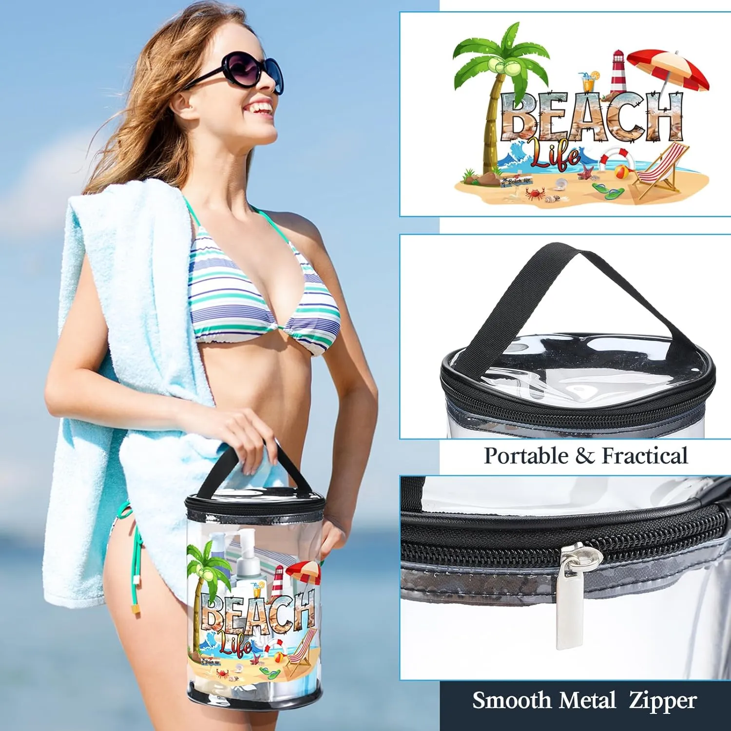 Beach Gifts Heavy Duty Clear Lotion Toiletry Bags for Travel Makeup Bag Cylinder Waterproof Portable Trip Bag Sunscreen Cosmetic Pouch with Handle Zipper(Beach Life)