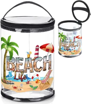 Beach Gifts Heavy Duty Clear Lotion Toiletry Bags for Travel Makeup Bag Cylinder Waterproof Portable Trip Bag Sunscreen Cosmetic Pouch with Handle Zipper(Beach Life)