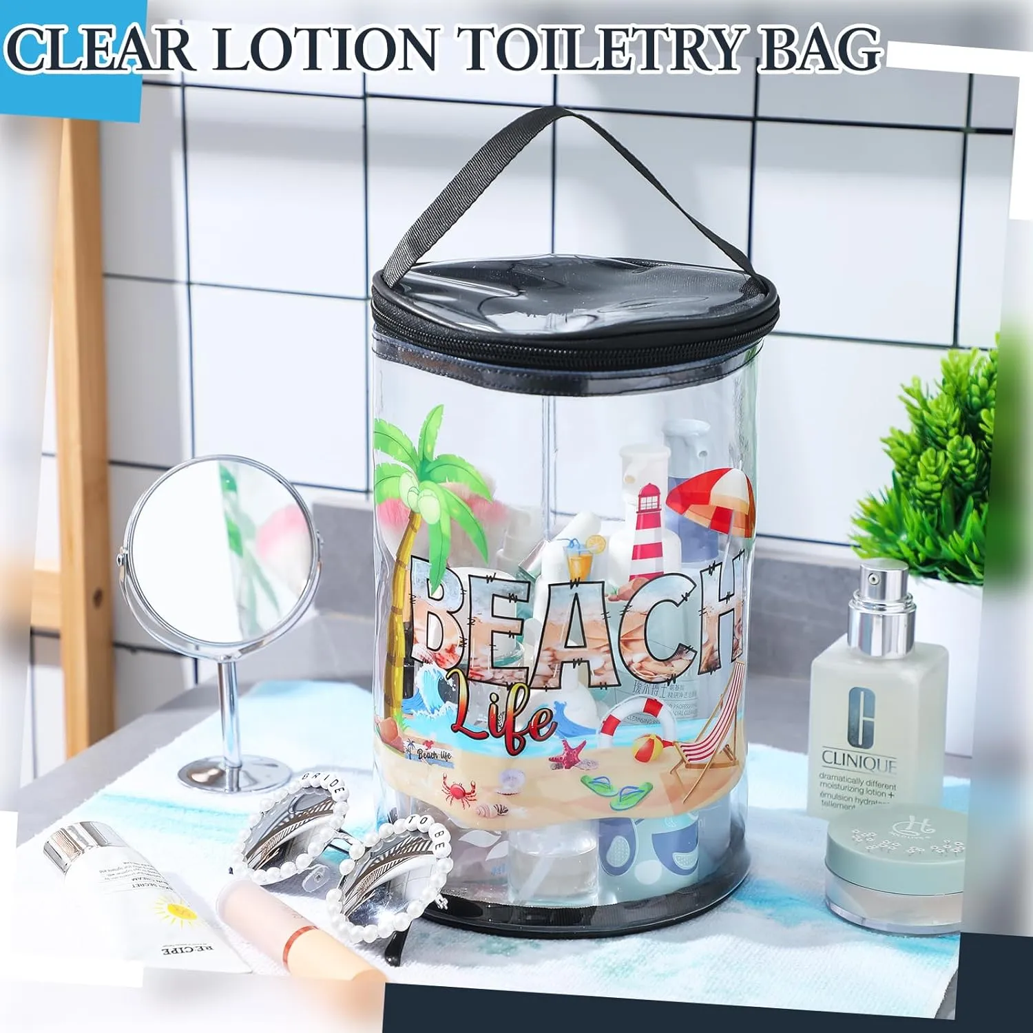Beach Gifts Heavy Duty Clear Lotion Toiletry Bags for Travel Makeup Bag Cylinder Waterproof Portable Trip Bag Sunscreen Cosmetic Pouch with Handle Zipper(Beach Life)