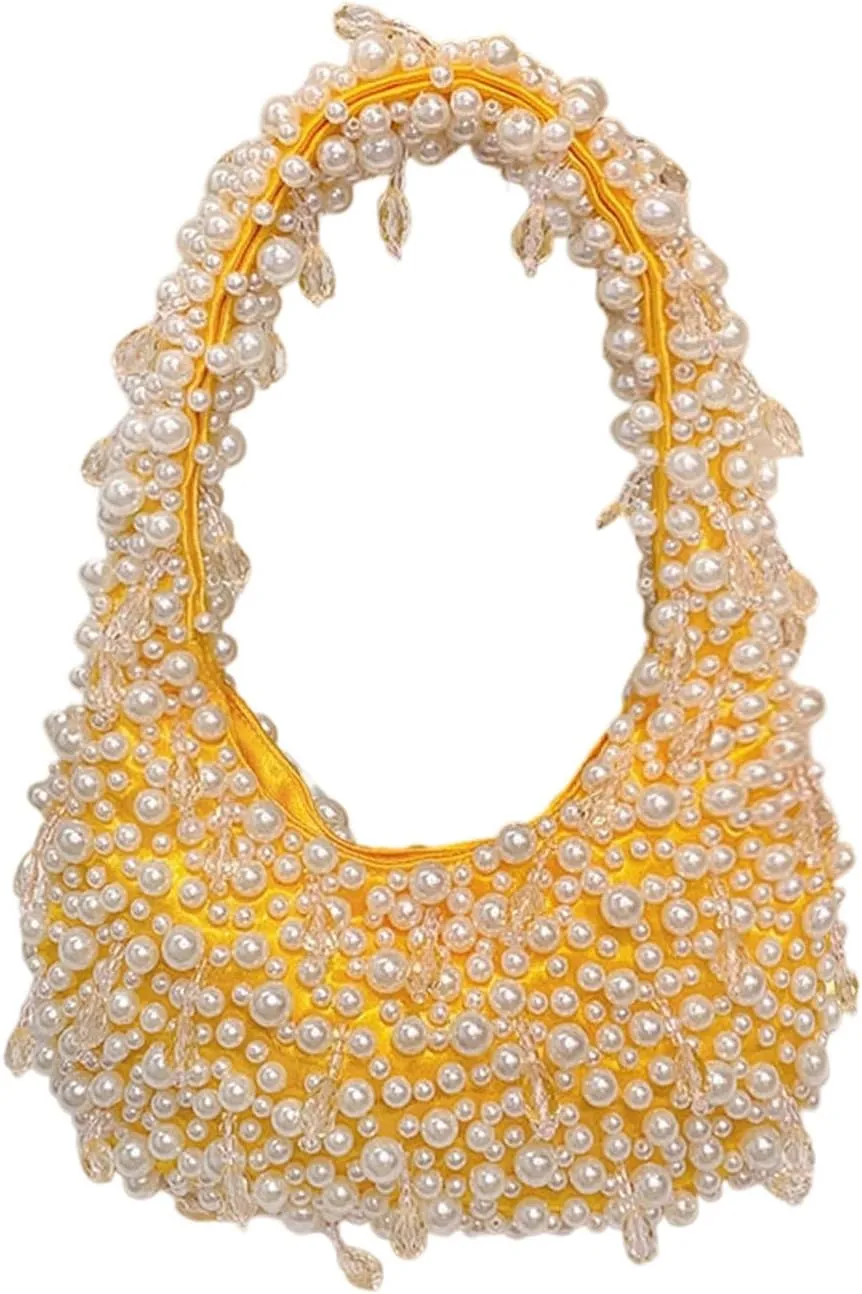 Beaded Pearl Shoulder Bags for Women White Purse Summer Beaded Bag Handmade Hobo Handbag Evening Purse