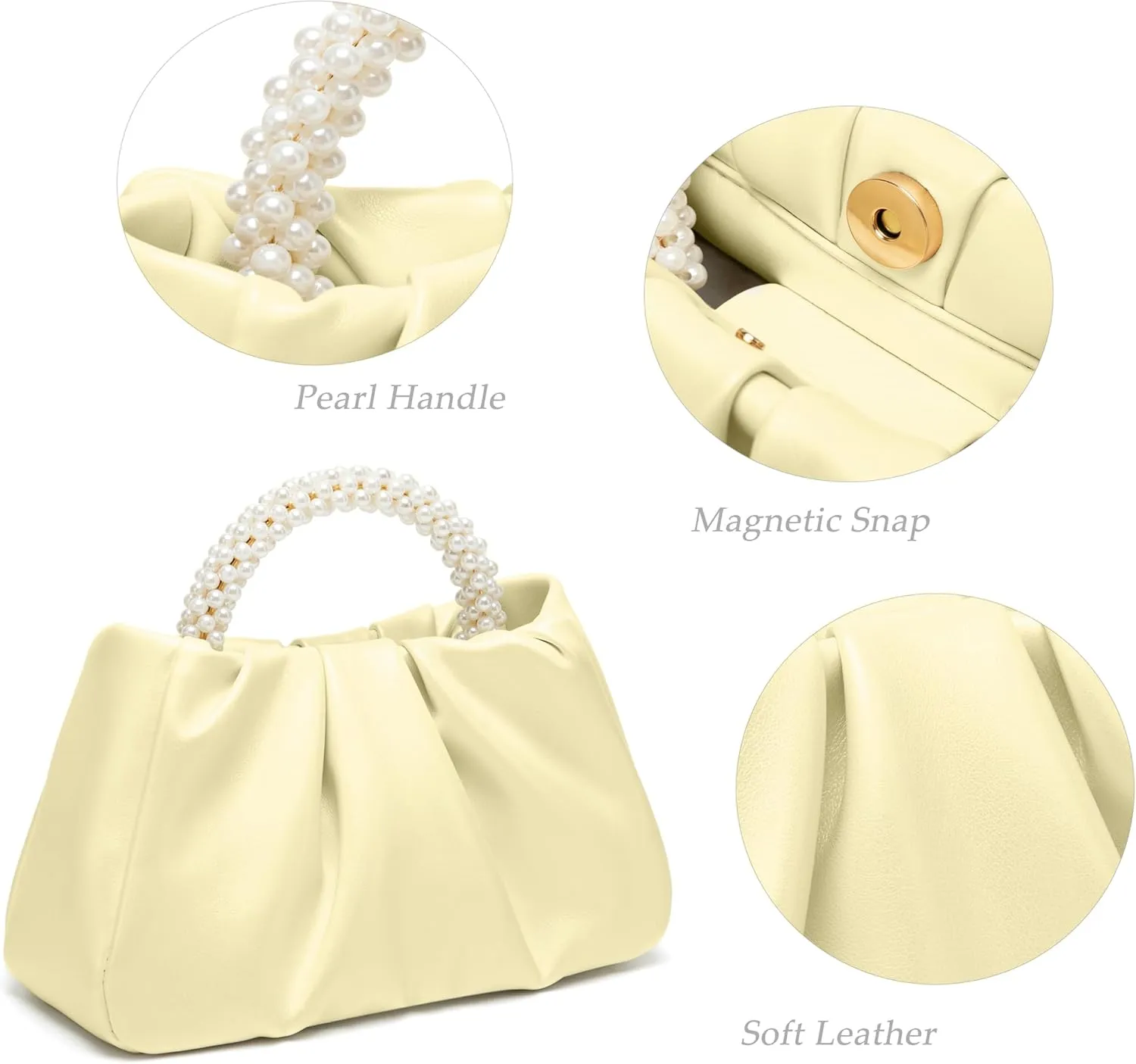Beatfull Evening Purse Women Small Pearl Handbags Soft Leather Ruched Bag Wedding Bridal Clutch Party Prom Crossbody Purses